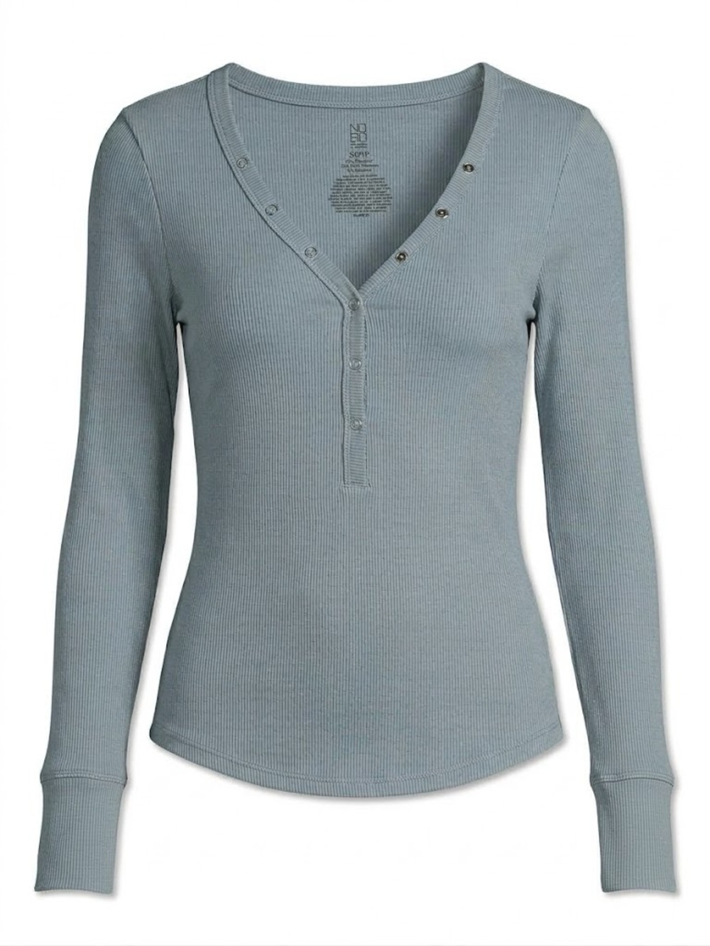 NOBO Ribbed Snap-Detail V-Neck Long Sleeve Top - Light Blue